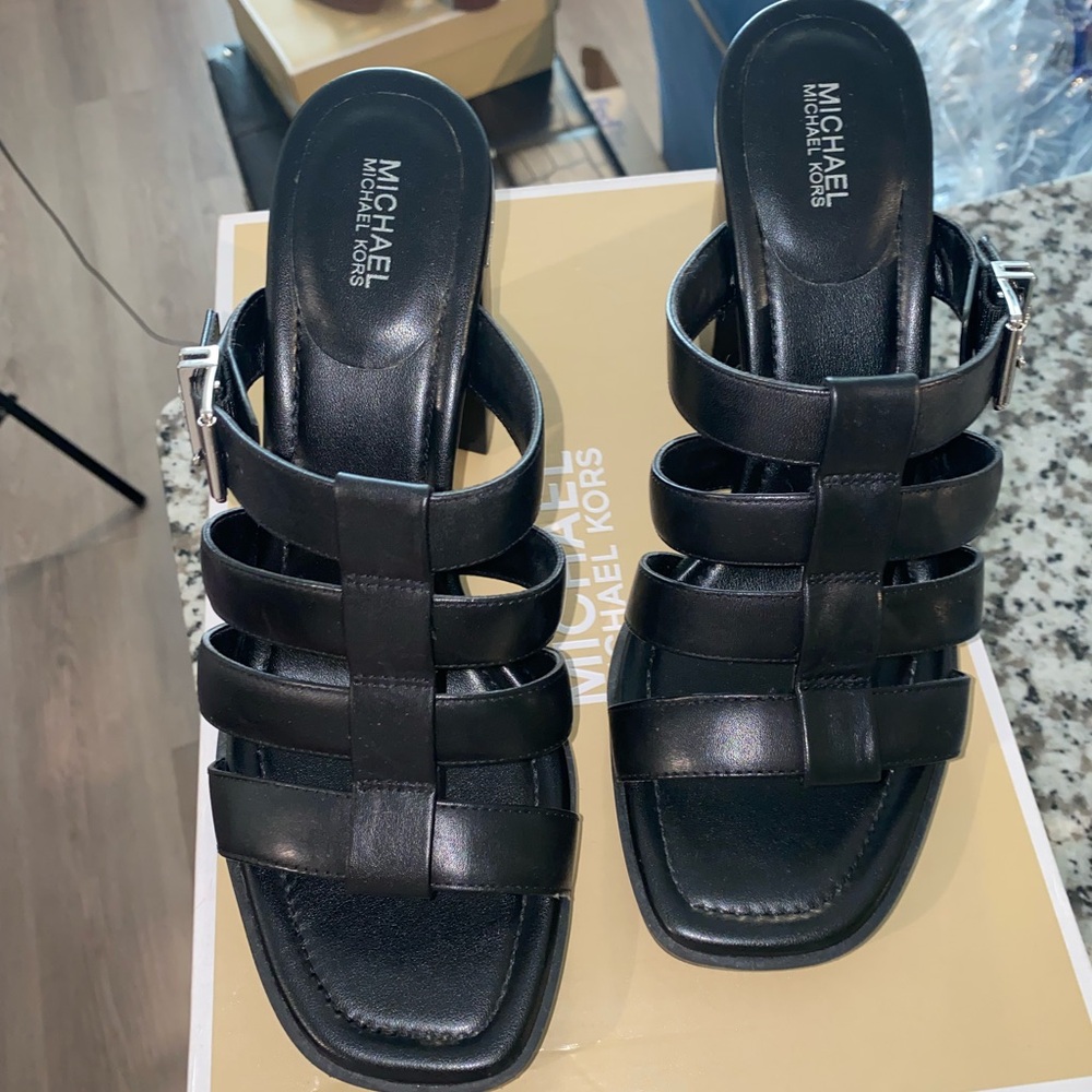 Michael Kors Black Leather Jagger Slide Sandals